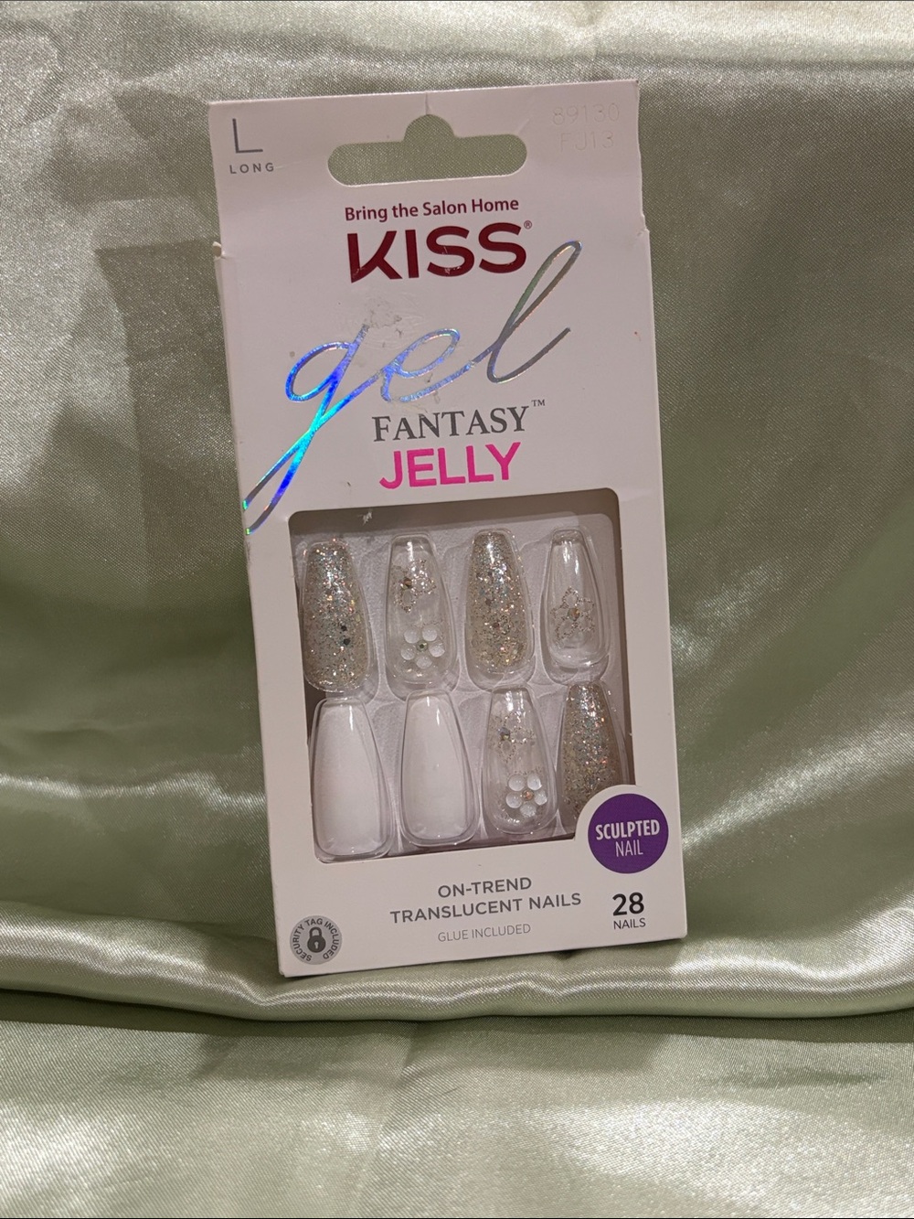 Kiss Gel Fantasy Jelly Translucent White & Glitter and Floral Press-On Nails